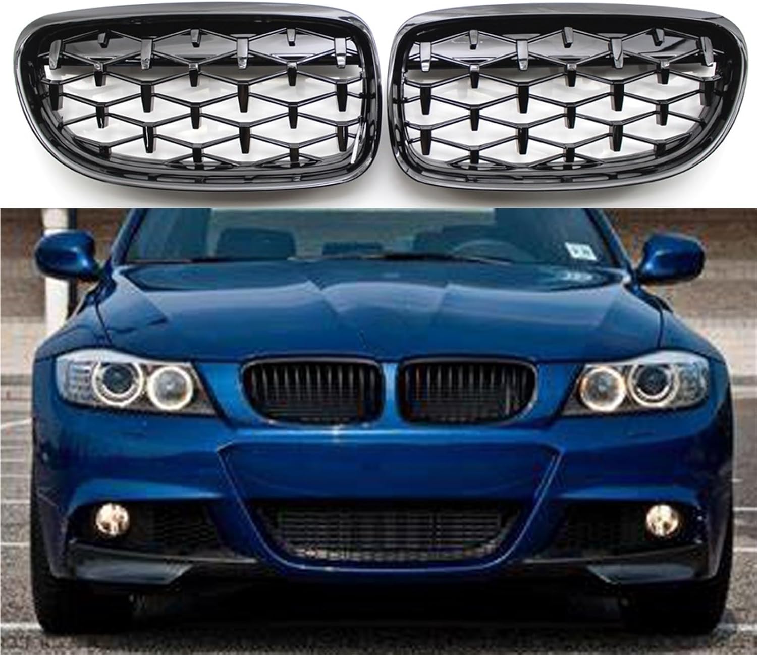 Front Grille Black Chrome Grille Compatible with BMW 3 Series E90 4 Doors LCI Facelift 2009-2012 51137201969 51137201970(Black)