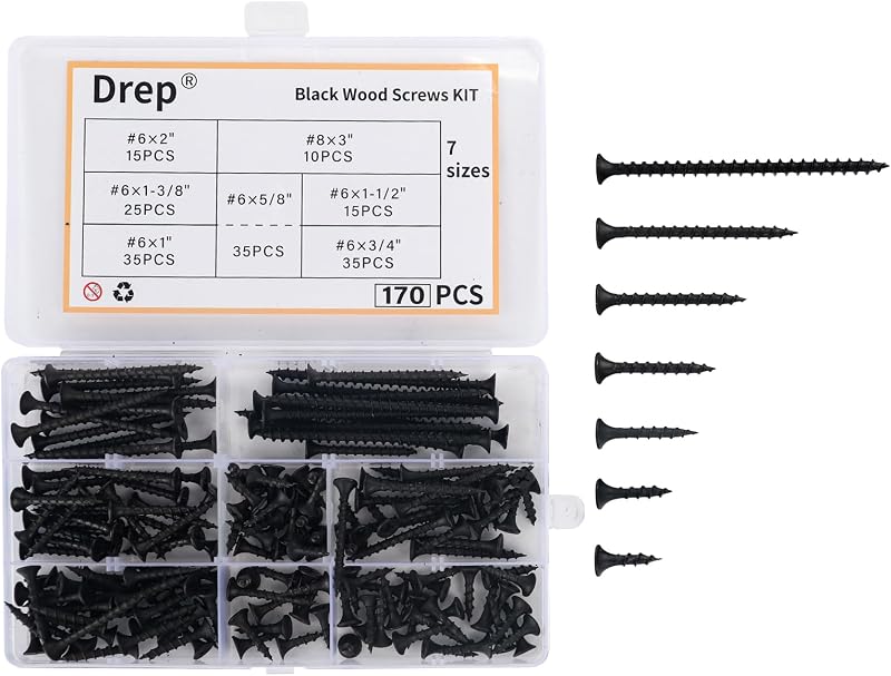 170-Piece Screw Assortment Kit, Multi-Size Phillips Flat Head Black Wood Screws for Home Repair and Furniture Assembly