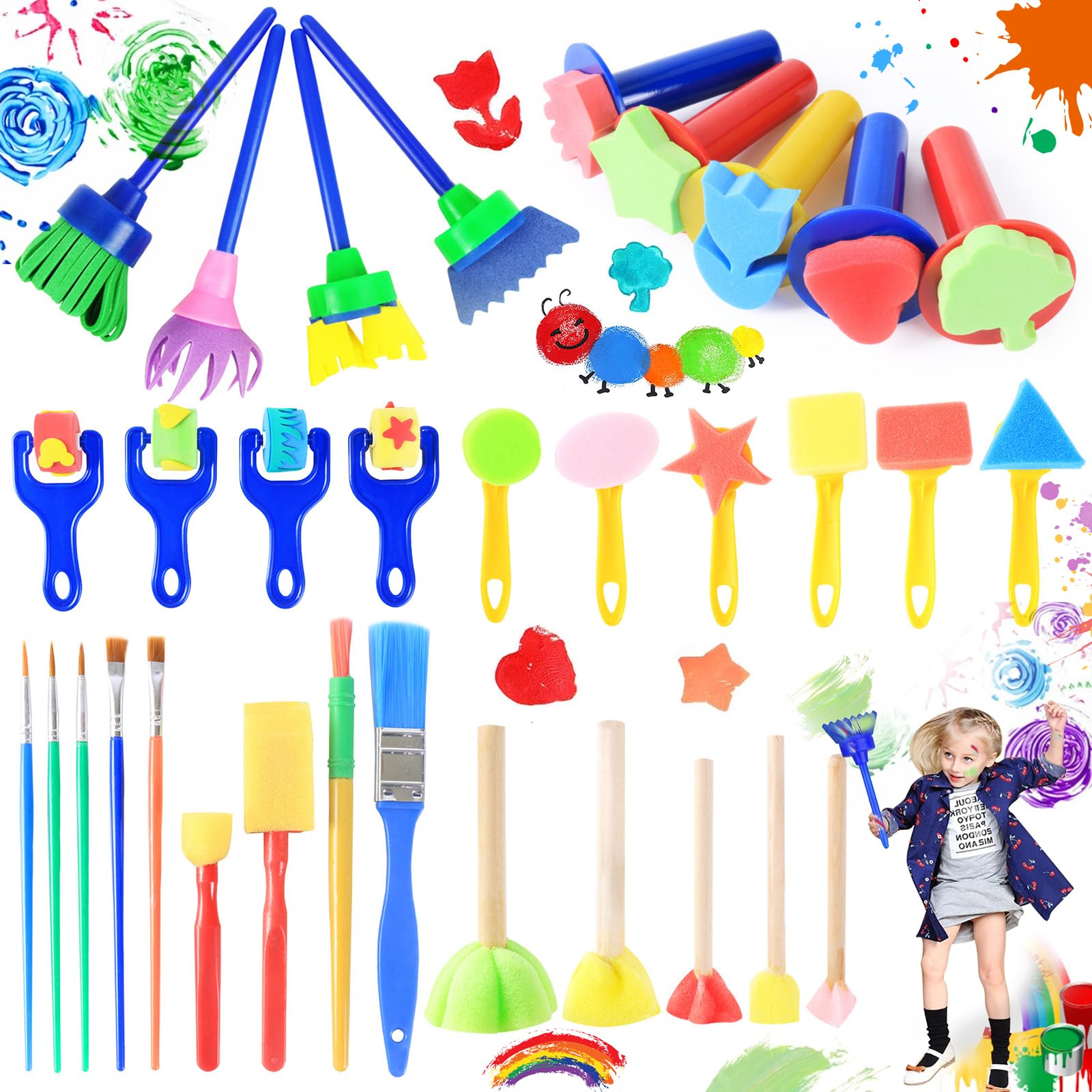 Oneroomone 33 Pz Juego De Pinceles De Pintura De Esponja, Esponjas De Pintura para Niños, Pintura con Esponja para Niños Pinceles De Pintura De Esponja para Niños, Kits De Pintura Temprana, Bricolaje