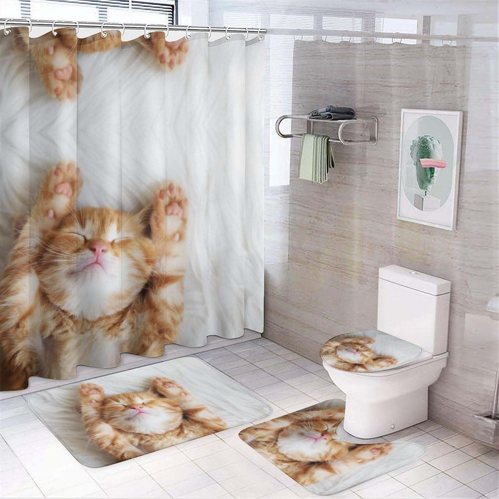 JiuPopular Bathroom Mat Set 4 Piece, Cat Nail Pattern Cat Pattern Shower Curtain with Non-Slip Bath Mats for Bathroom