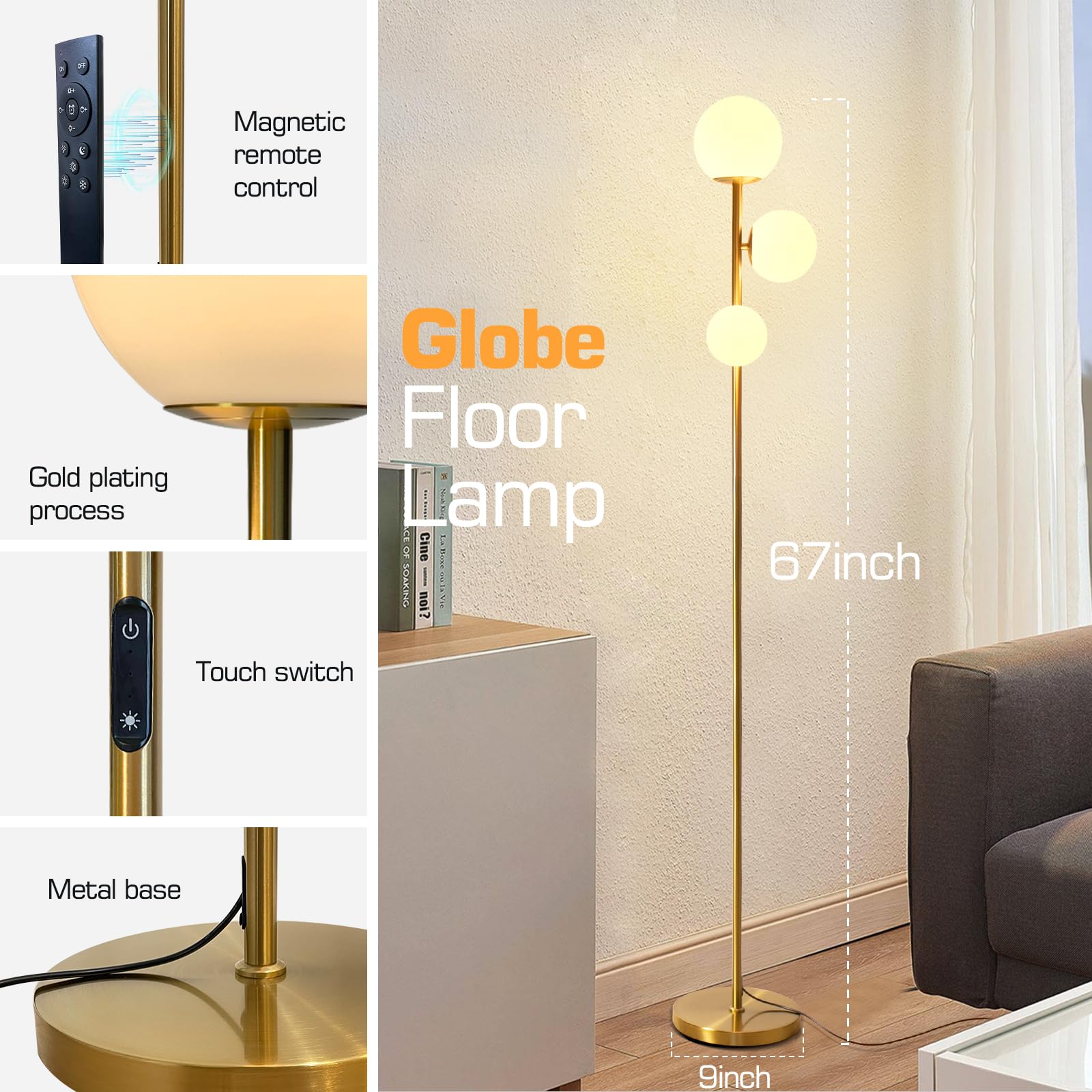 ShineMuse Mid Century Gold Floor Lamp,Dimmable LED Brass Floor