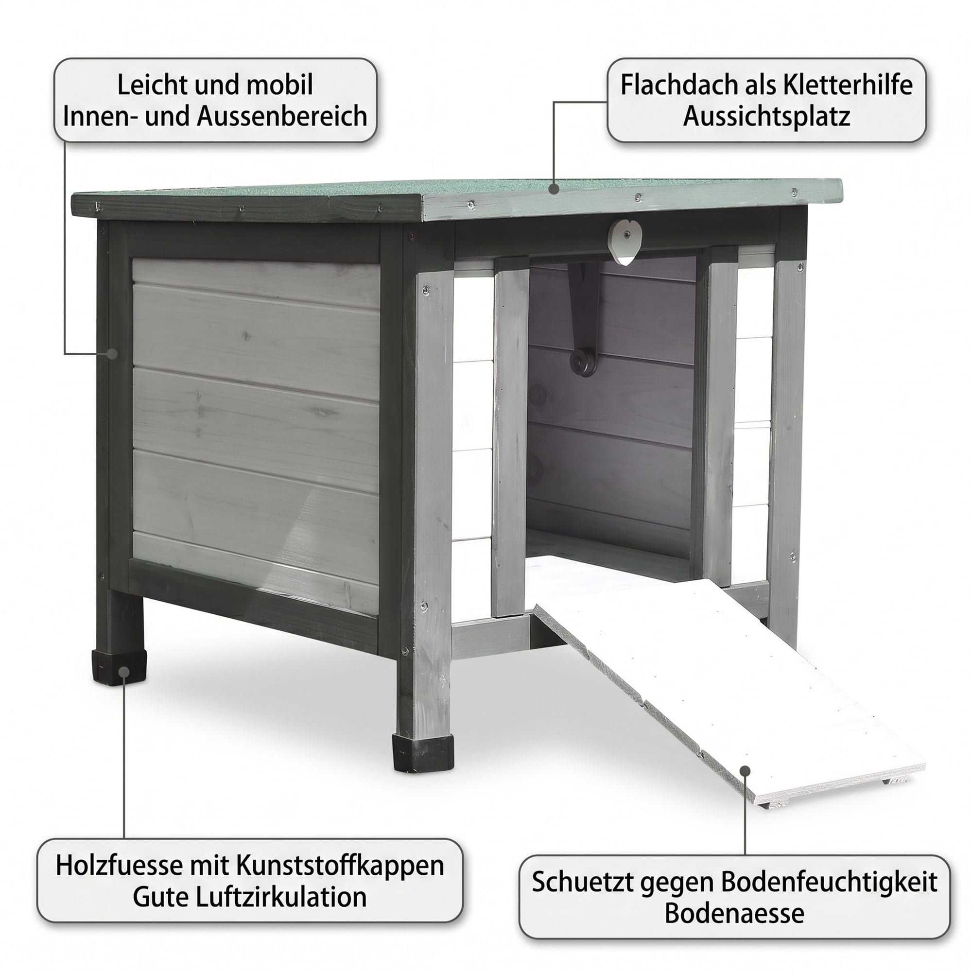Mucola Katzenhaus Winterfest mit klappbarem Deckel und Rampe 50x45x43cm Katzenhütte Outdoor Wurfkiste Holz Katzenhöhle Katzenschlaftplatz