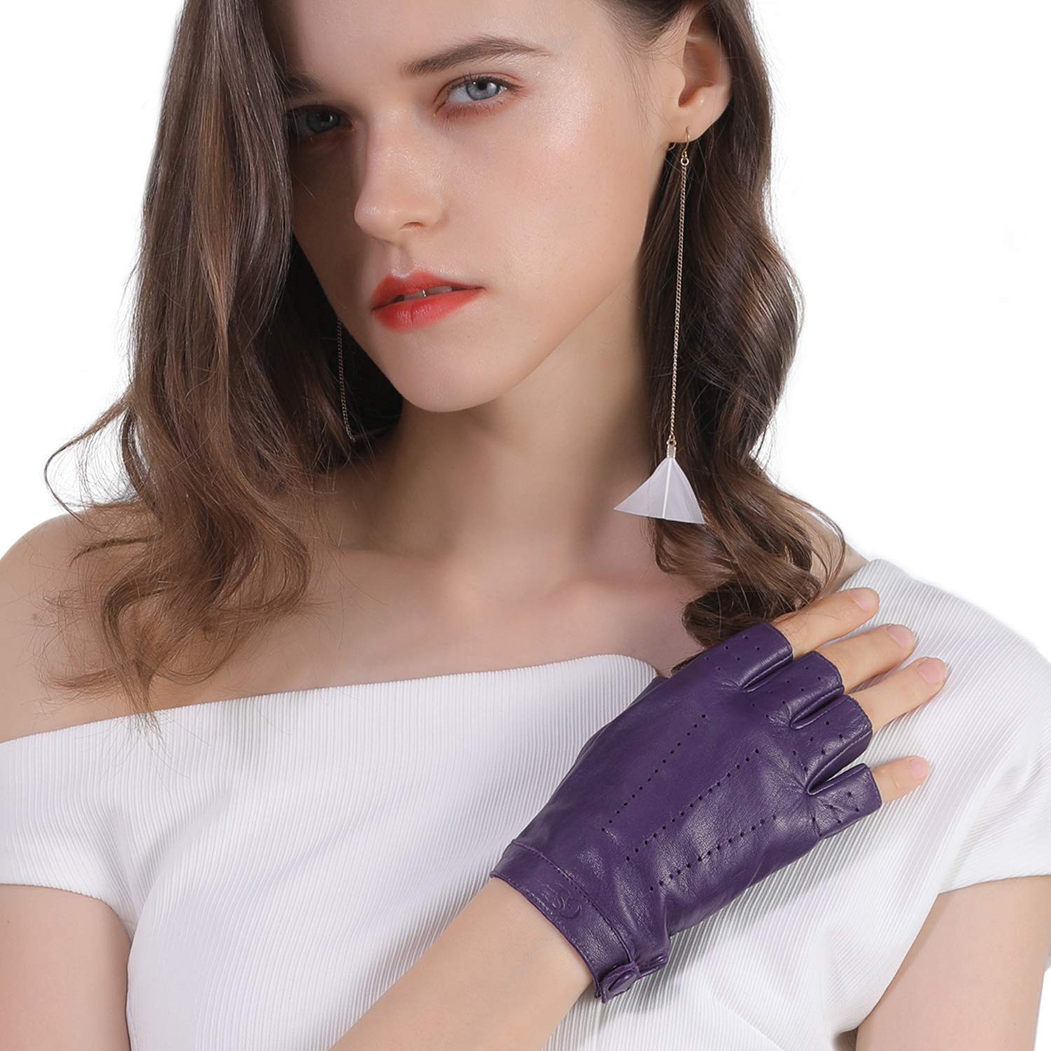 GSG SINCE 1998 Mitaines femme cuir d’agneau sans doigts | Gants sans doigts femme en cuir d’agneau non doublé, détails perforés, bouton-pression : conduite, voiture, look chic