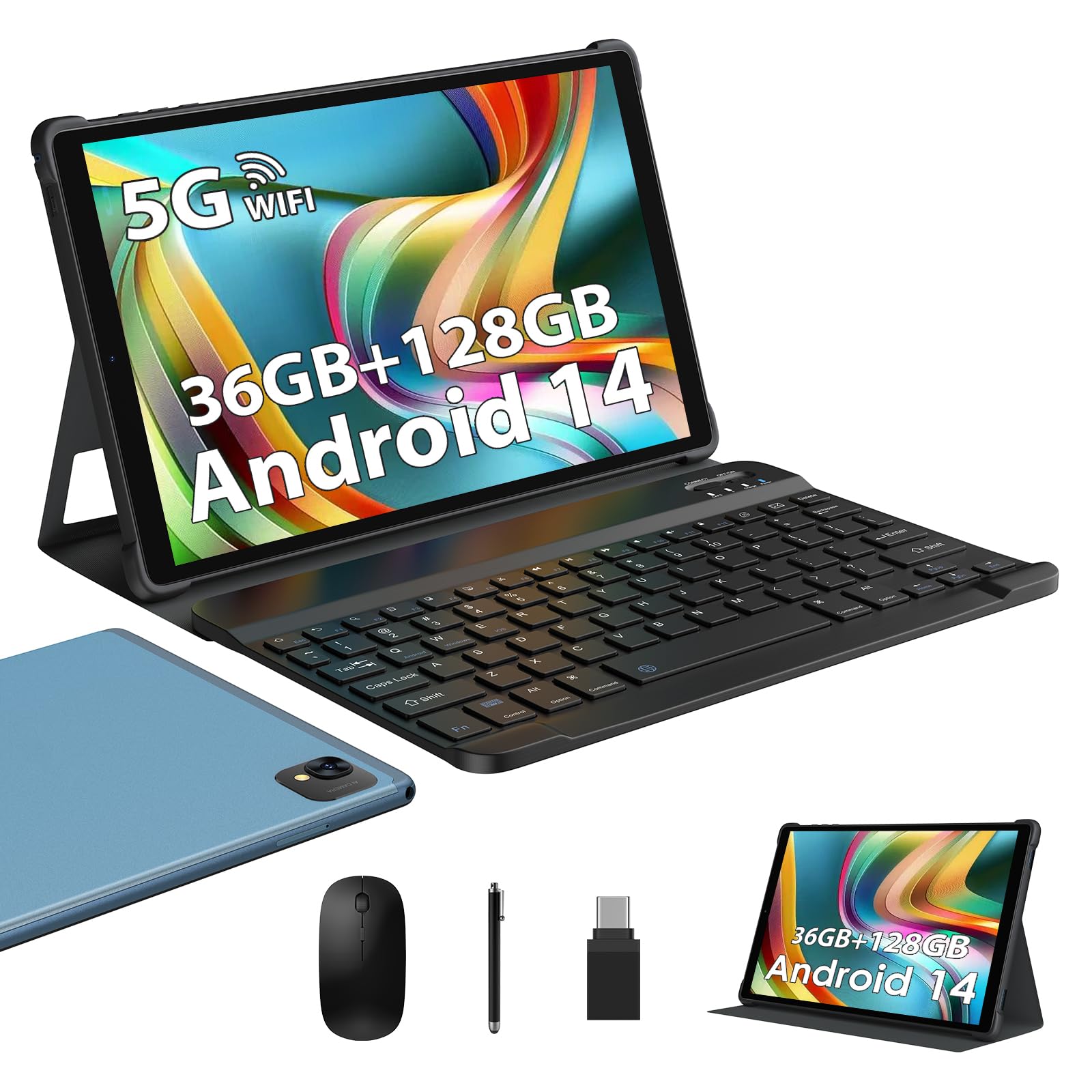LEVIRTU Tablet 10 Pollici Android 14, 36GB RAM 128GB ROM,(1TB TF), Octa-Core,2.0Ghz 5G WiFi,1920x1200 Incell,8000mAh,13MP+8MP,BT5.0/GPS 2 in 1 Tablet con Tastiera Mouse, Blu