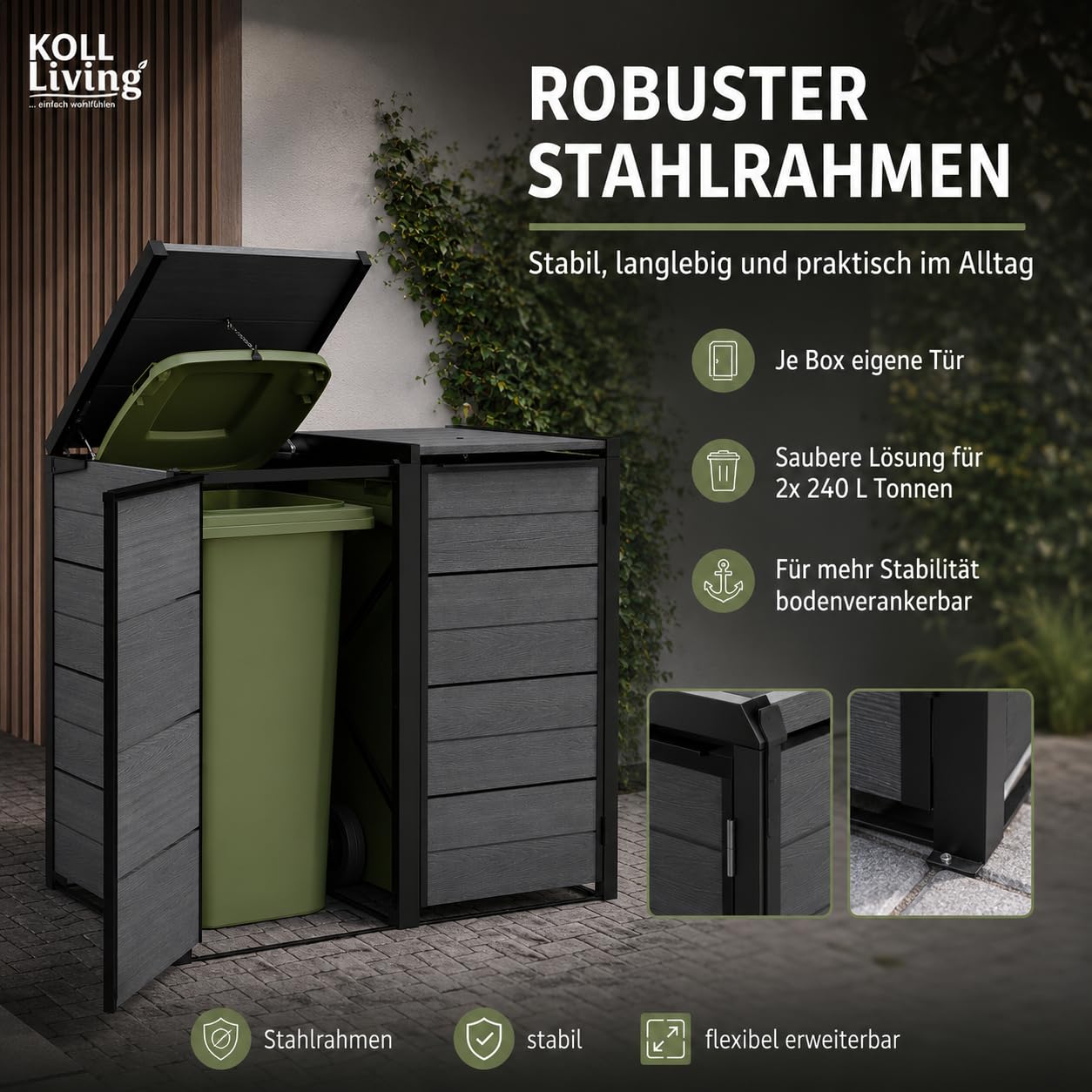 Koll Living Mülltonnenbox Hide Away | 480 Liter, flexibel erweiterbar | Stahlrahmen | mit Gasdruckfedern | Anthrazit | naturgetreue Holzoptik | wetterfest & wartungsfrei | belüftet