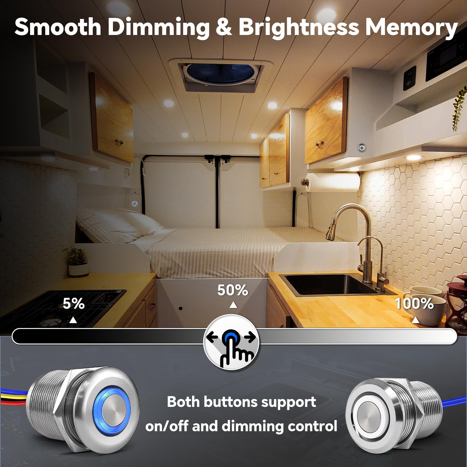 acegoo 12V 3 Voies Variateur Interrupteur Kit, Bouton-Poussoir 6A Dimmer PWM Gradateur Tout en aluminium pour Camping-Car Bateau Voiture, pour 12V Lumière LED dimmable, LED Strip Bande Argent
