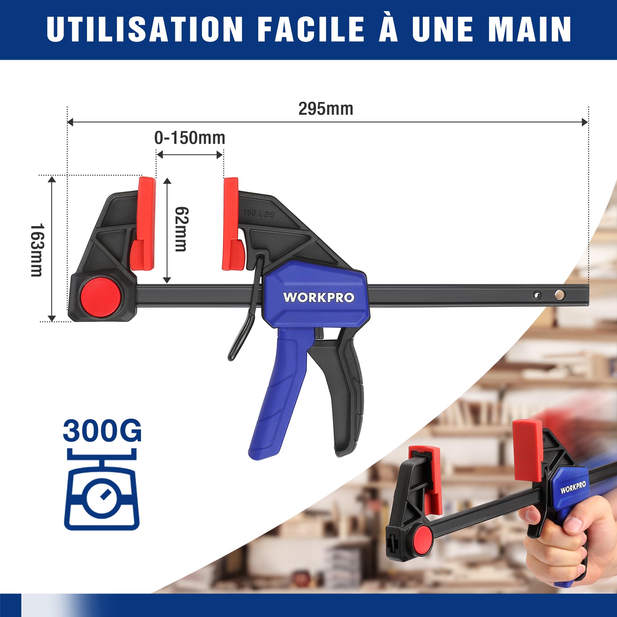 2 Serre-Joints Rapides WORKPRO - Acier Et Nylon, Force 136 Kg, Largeur 152 Mm
