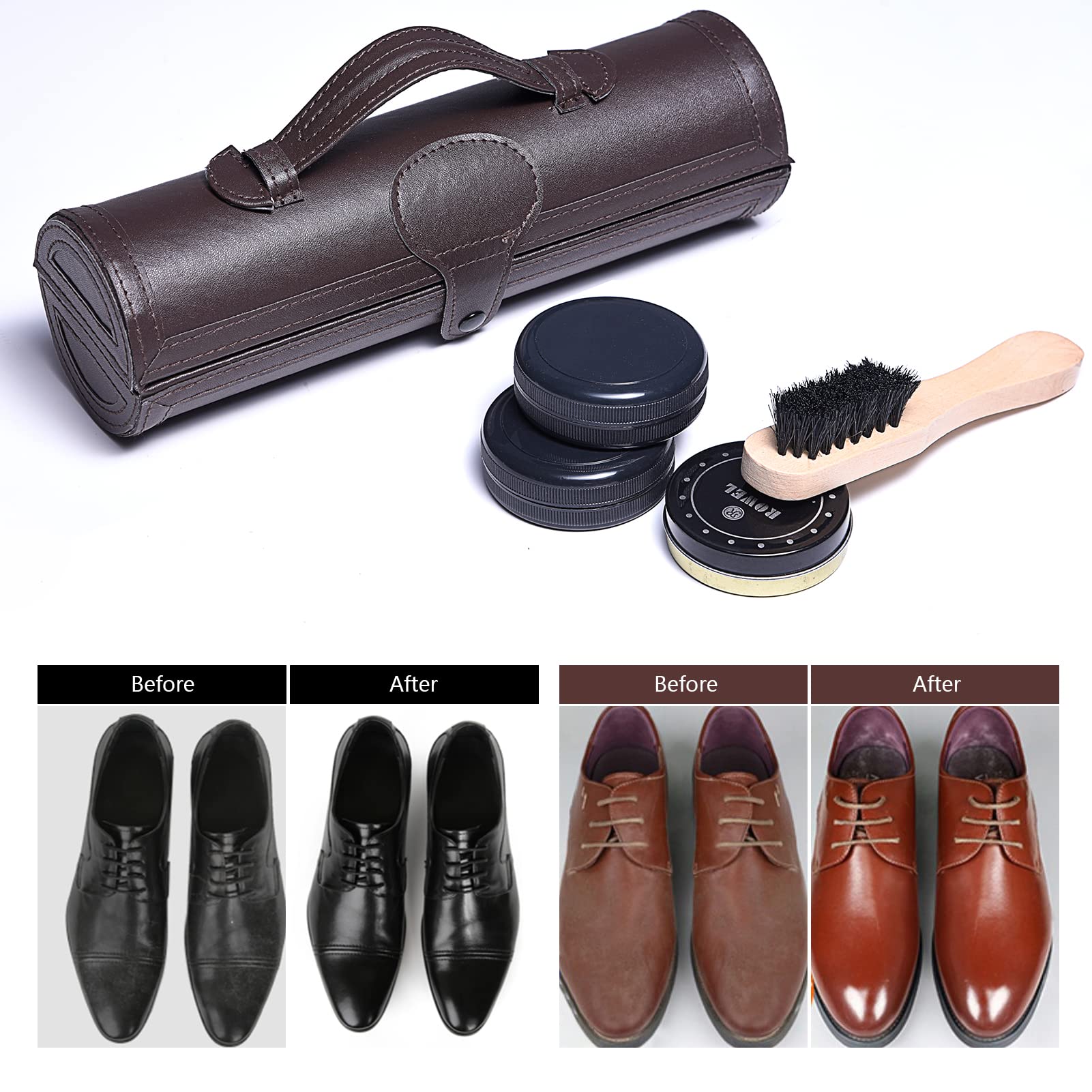 YUET Kit de pulido de zapatos, juego de barriles de cuidado de brillo para cuero marrón y negro con estuche de viaje de lujo, cerdas de crin de caballo, aplicador de madera, calzador, paño de 12