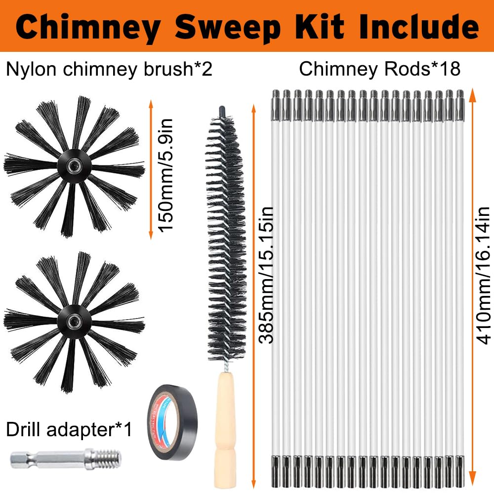 Kit de Cepillo Limpieza Chimenea, Cepillo para Limpiar Chimeneas con 18 Varillas Flexibles, 2 Cabeza de Cepilloy de Ø150mm, 1 Cepillo de Madera para Tuberías de Caldera, Tubos de Ventilación
