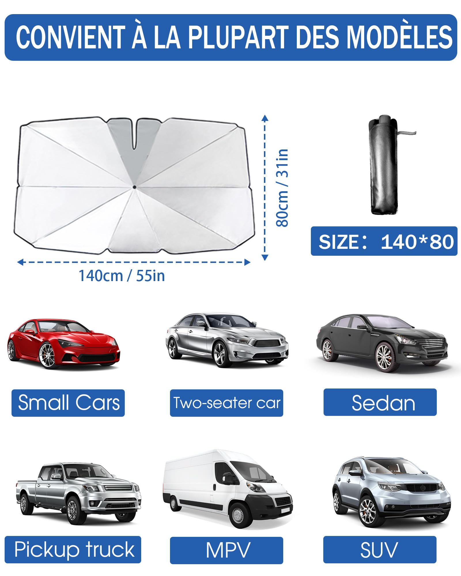 Pare-Brise Pliable, Pare-Soleil Parapluie pour Voiture, Protection UV Couverture Flexible