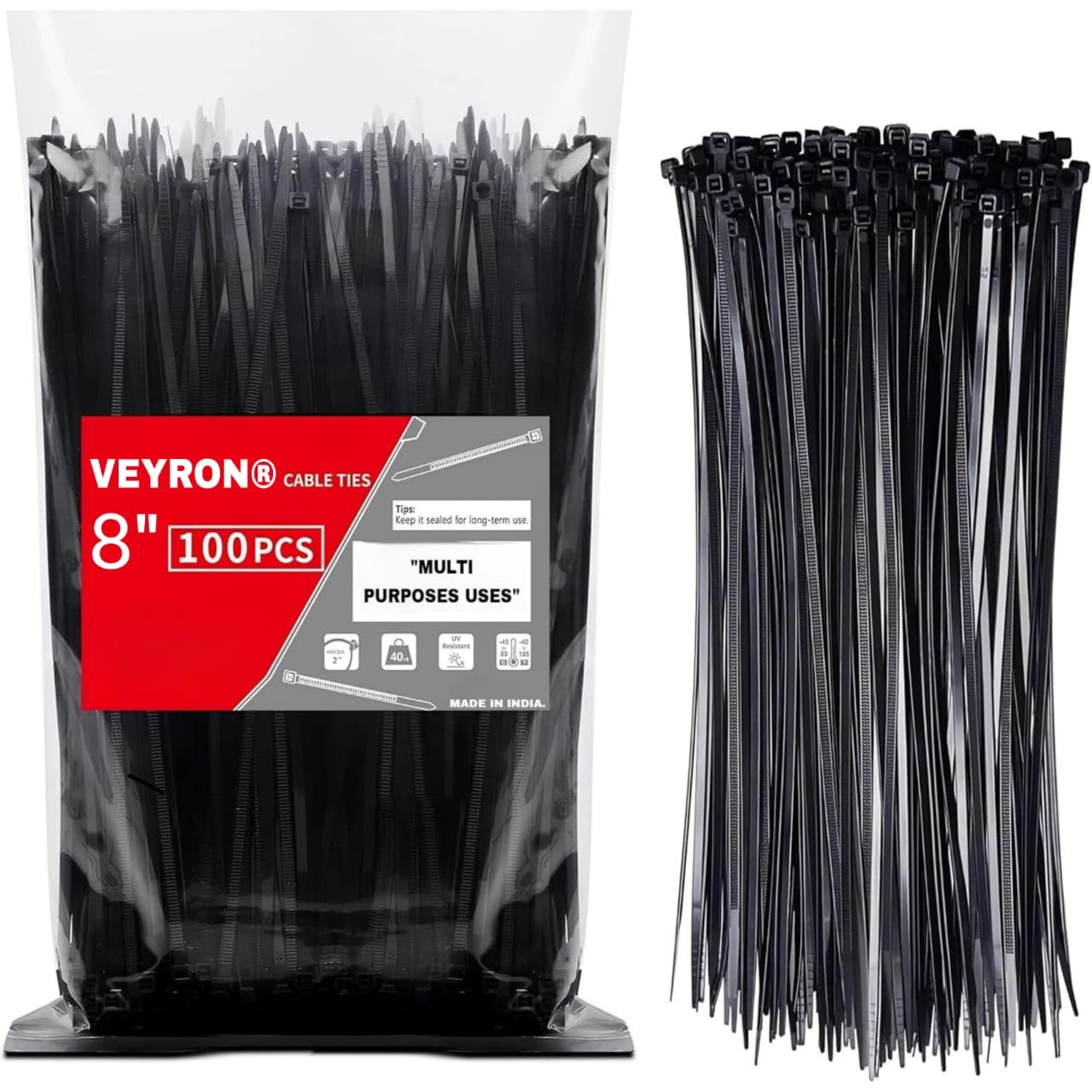 VEYRON Cable Ties (200mm x 4.8mm)(8 Inch Pack of 100) Premium Zip Ties Self Locking Ultra Strong, Heavy Duty Nylon Fastener Organizer Cable Tie, Zip Tie for Cable Management