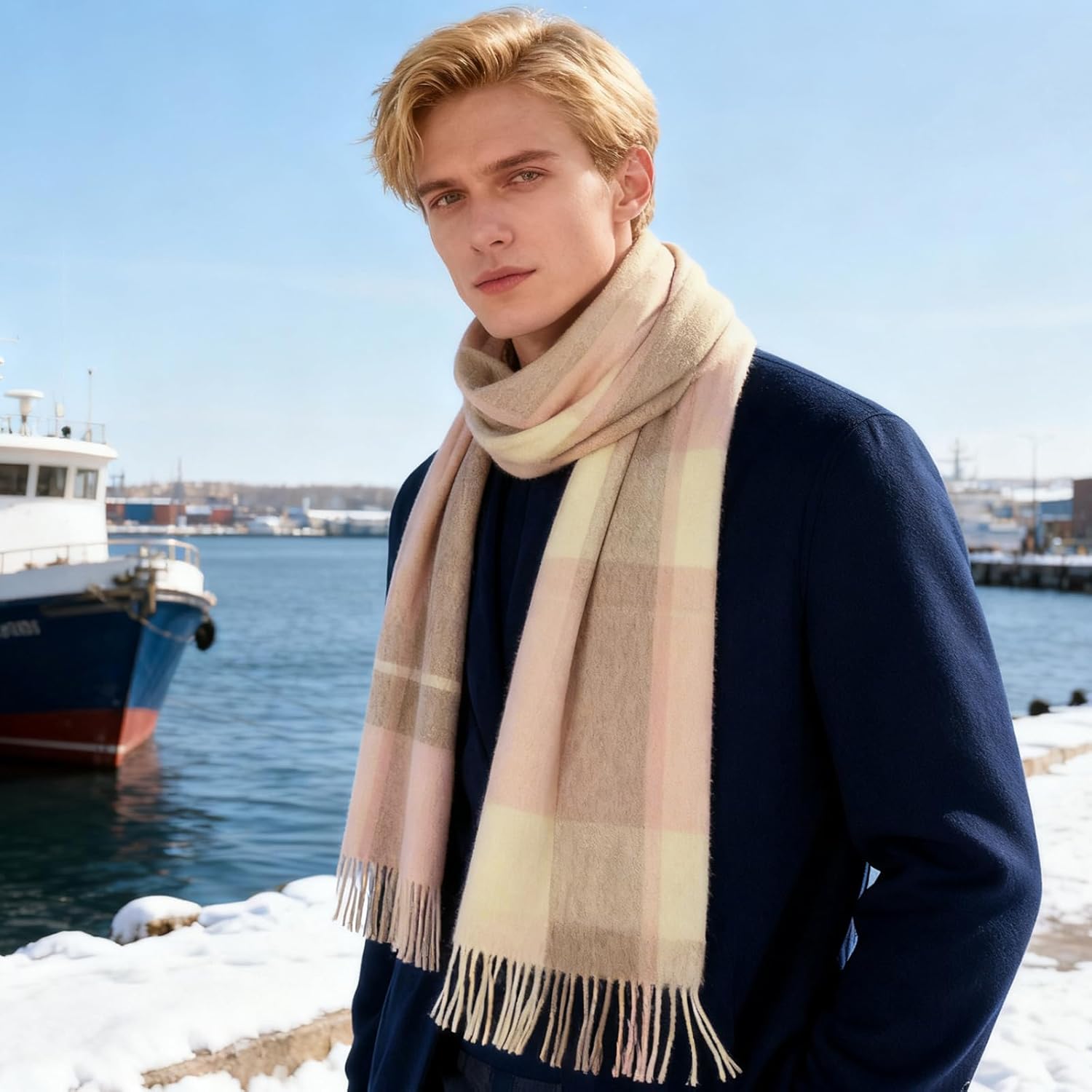 100% Merino Wool Plaid Tassel Scarf for Women and Men, Winter Warm Long Scarves, Large Travel Blanket Scarf Wrap in Gift Box - Image 3