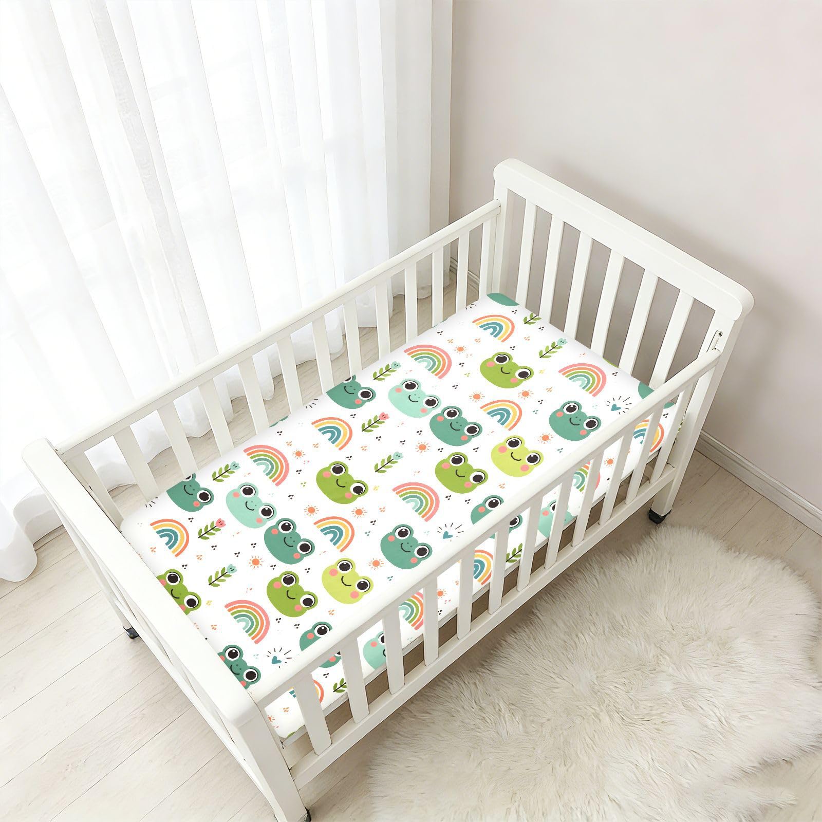Babybettlaken mit niedlichem Froschkopf, Regenbogenfarben, für Jungen und Mädchen, weiche Standard-Matratze, Spannbetttuch, 71,1 x 132,1 cm