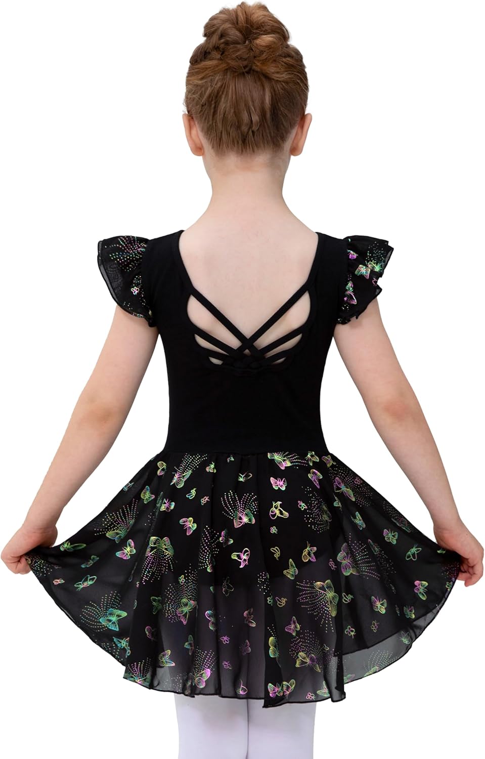 Girls Ballet Leotard with Skirt Toddler Dance Dresses Criss-Cross Hollow Back Ruffle Butterfly Sleeve Ballerina