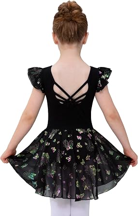 Mecceos Girls Ballet Leotard with Skirt Toddler Dance Dresses Criss-Cross Hollow Back Ruffle Butterfly Sleeve Ballerina