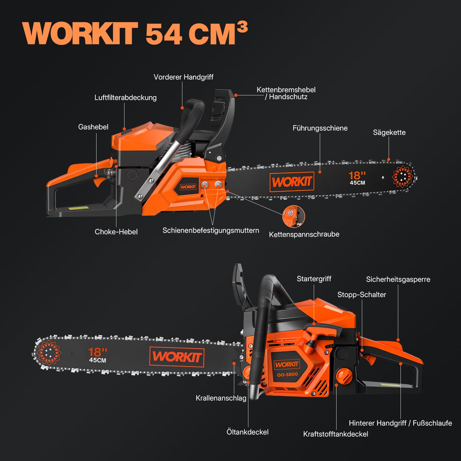 WORKIT 54 cm³ Benzin Kettensäge (3,4 PS), Motorsäge Benzin Profi-Set mit 45 cm (18") & 40 cm (16") Schwert, Easy-Start Benzinkettensäge für Forst & Brennholz, 12.000 U/min, inkl. 2 Sägeketten