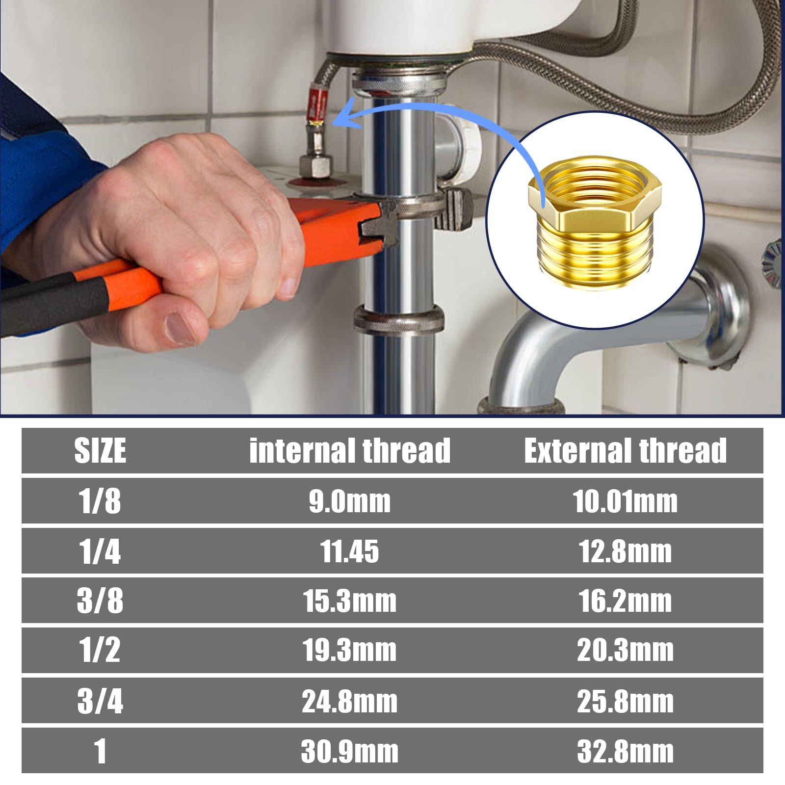 Aitsite Riduttore da 1/8 a 1/4 pollici in ottone, riduzione filettata con esagonale, filettatura esterna da 1/4" x filettatura interna da 1/8", raccordo in ottone per collegamento tubo (6 pezzi)