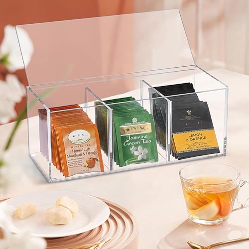 Miniatura 6 de ELLDOO Organizador de cápsulas de café de acrílico con tapa, bolsas de té de 3 compartimentos para paquetes de azúcar para el hogar, cafetería, bar,