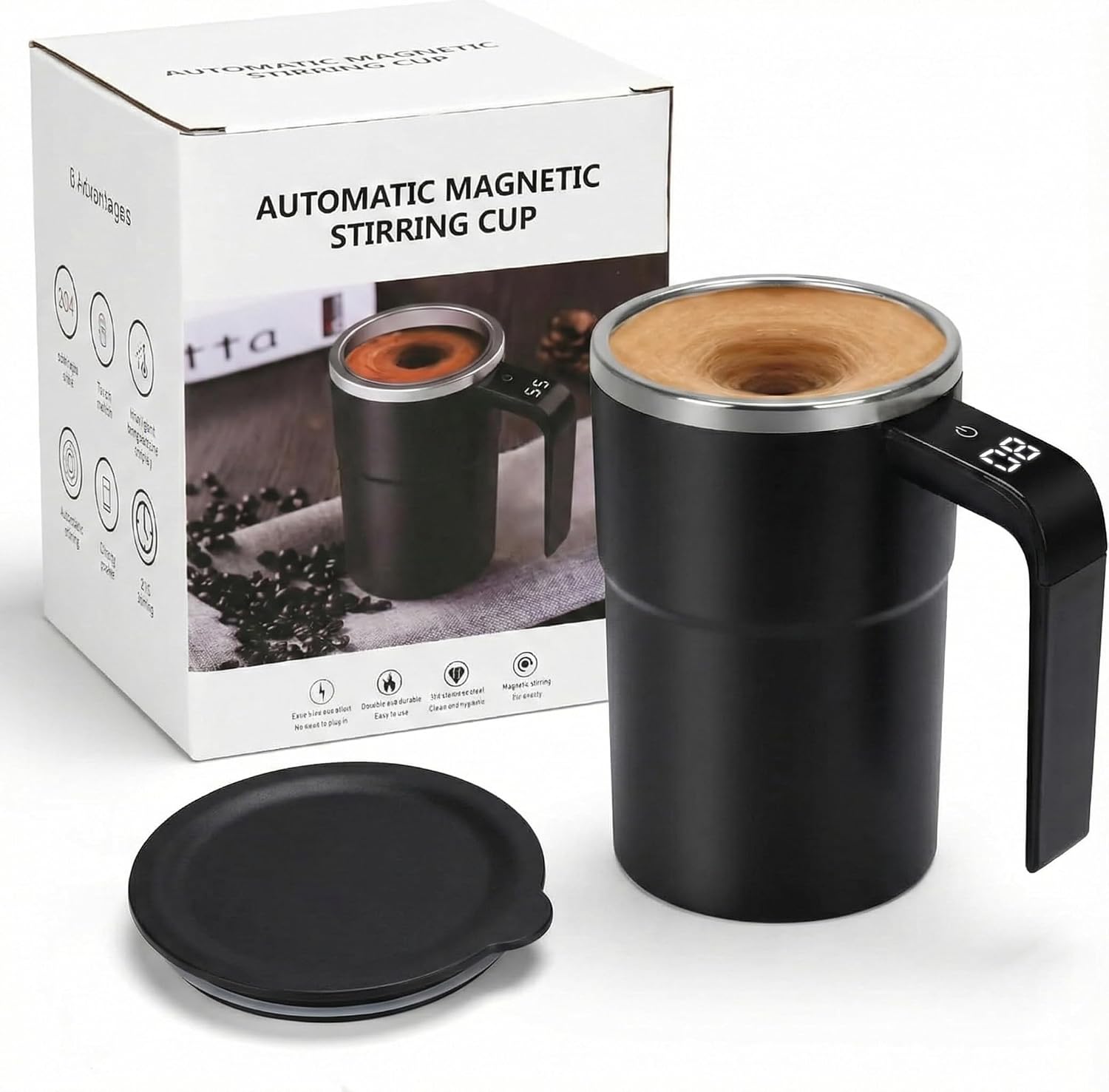 Automatic Self Stirring Coffee Mug with Temperature Display, Rechargeable Electric Mixing Cup, Stainless Steel Smart Magnetic Stirring Tumbler for Coffee, Tea, Milk, Home Office (Black)