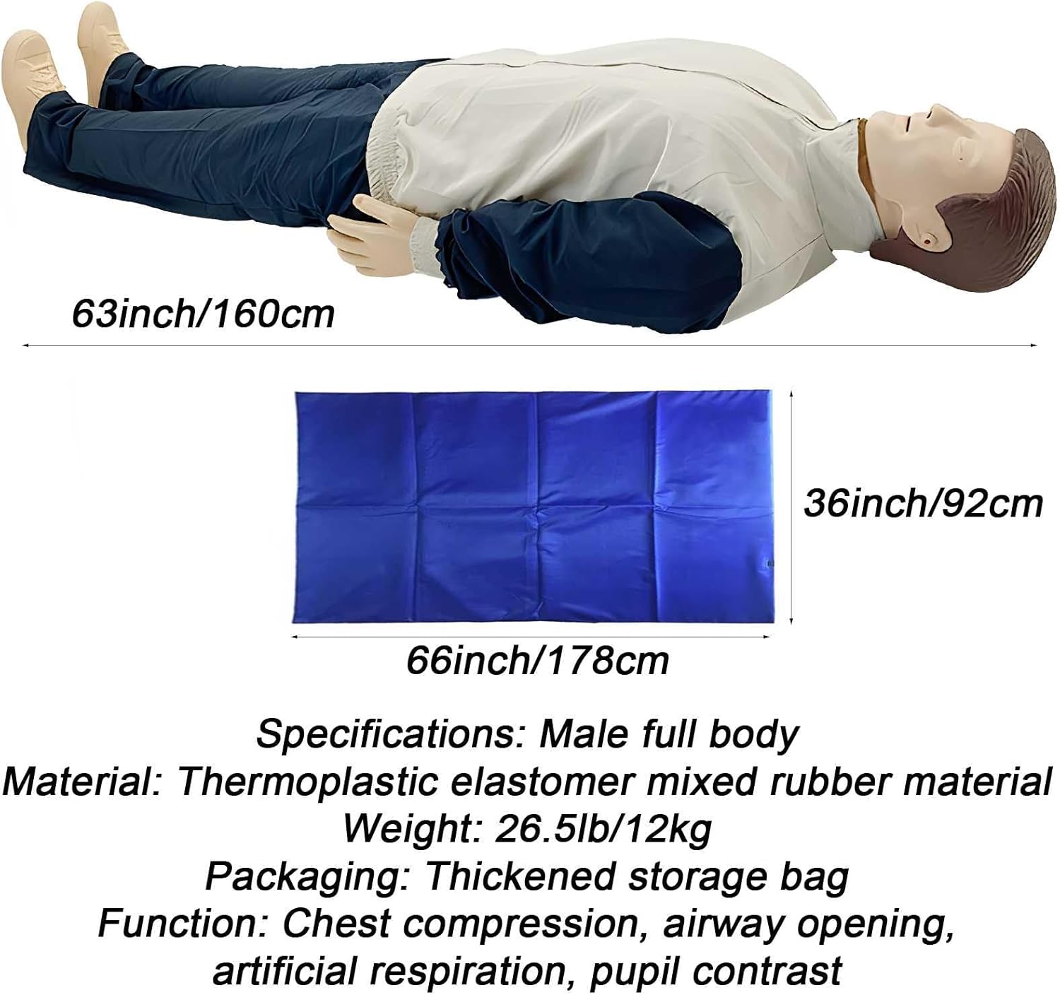 CPR Manikins and First Aid Kit, CPR Training Dummy Full Body CPR Mannequins Adult with Replaceable Facial Skin & 4 Replaceable Lung Bags & Storage Bag & Mat
