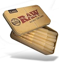 Vista 1 de RAW Clásico de combustión lenta: conos preenrollados 1 1/4 empaquetados dentro de un recipiente de lata de metal RAW con tubos de embalaje Paquete