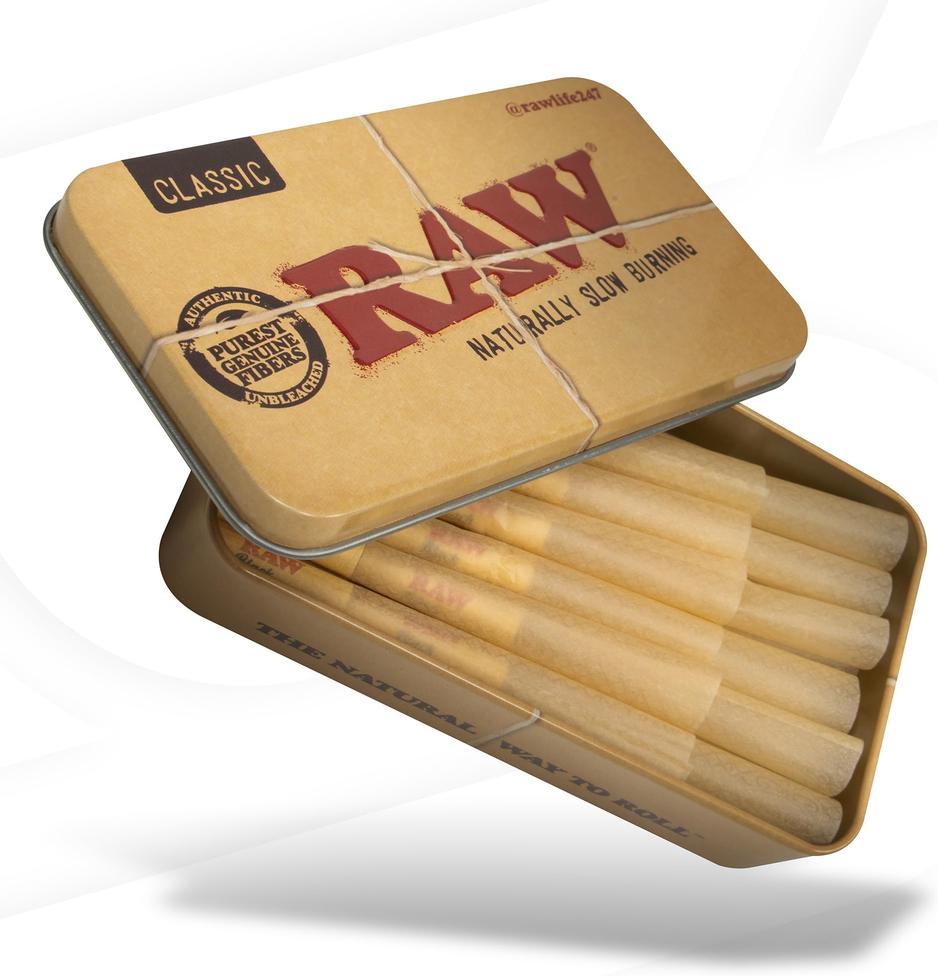 Classic Cones 98 Special Size - Slow Burning Pre-Rolled Cones - Special Packed Inside a RAW Metal Tin Container with Packing Tubes - 20 Pack