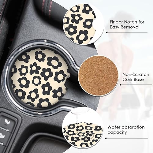 Miniatura 5 de Paquete de 2 posavasos abstractos para automóvil con margaritas negras absorbentes de 2.56 pulgadas, estilo vintage hippy de los años 70, diseño