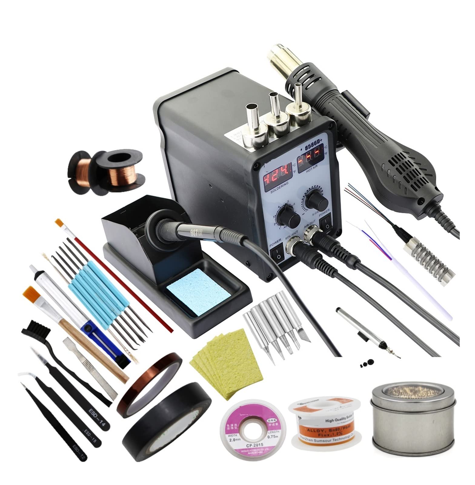 Stacja lutownicza, Wielofunkcyjne 2 w 18586D + Dual Digital Display Electric lutownicze pistolet gorące powietrze lepiej SMD Stacja przeróbka(SET-6)