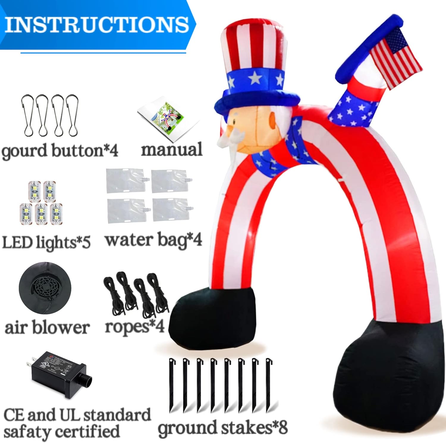11 Ft Long 4th of July Inflatables Archway Outdoor Decorations, Fourth July Patriotic Blow Up Uncle Sam with High Hat American Flag Arch Built-in Led Inflatable for Holiday Memorial Day Yard Outdoor : Patio, Lawn & Garden
