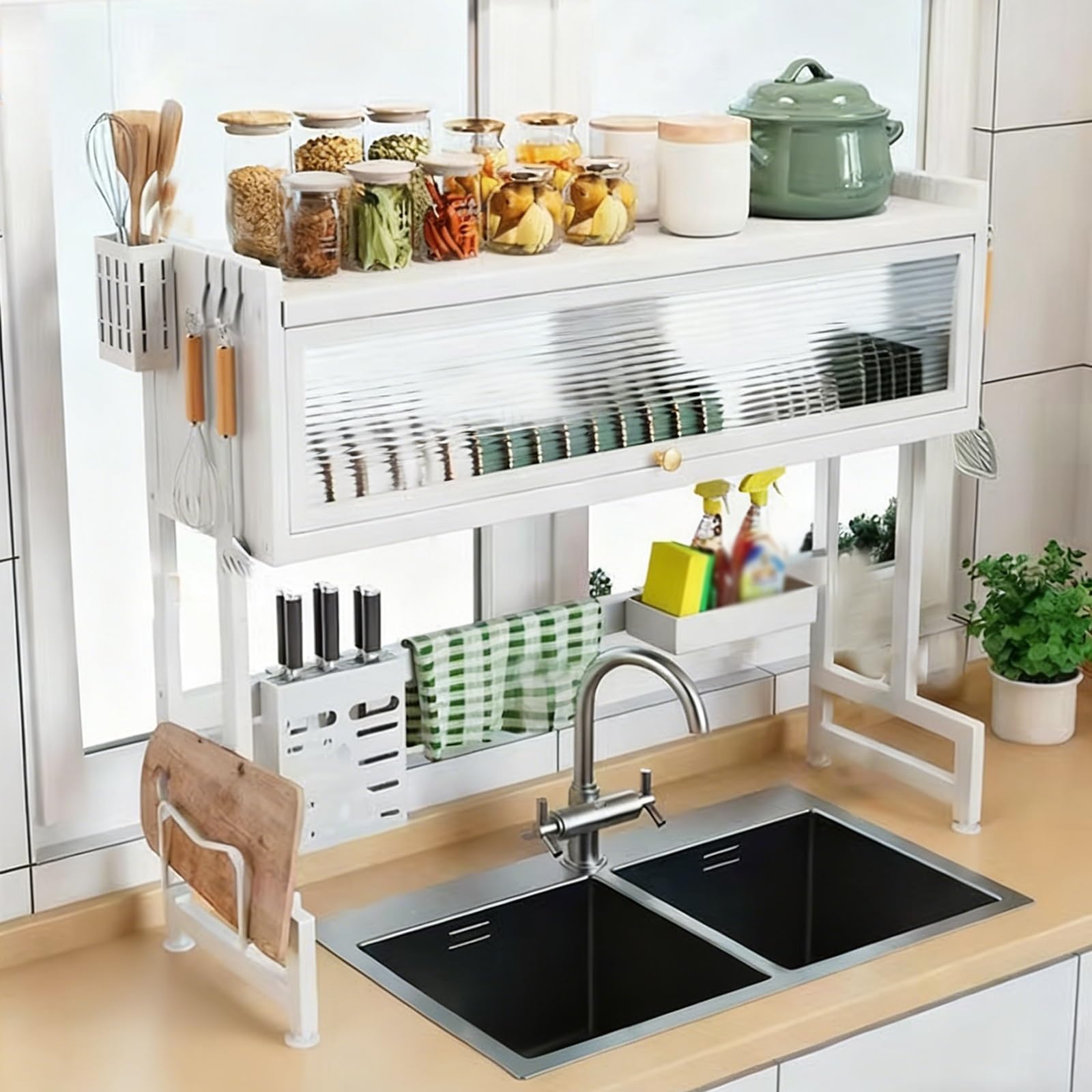 Escurridor de platos sobre el fregadero, estante grande de metal para ahorrar espacio con cubierta para platos, vasos, cuencos y cubiertos
