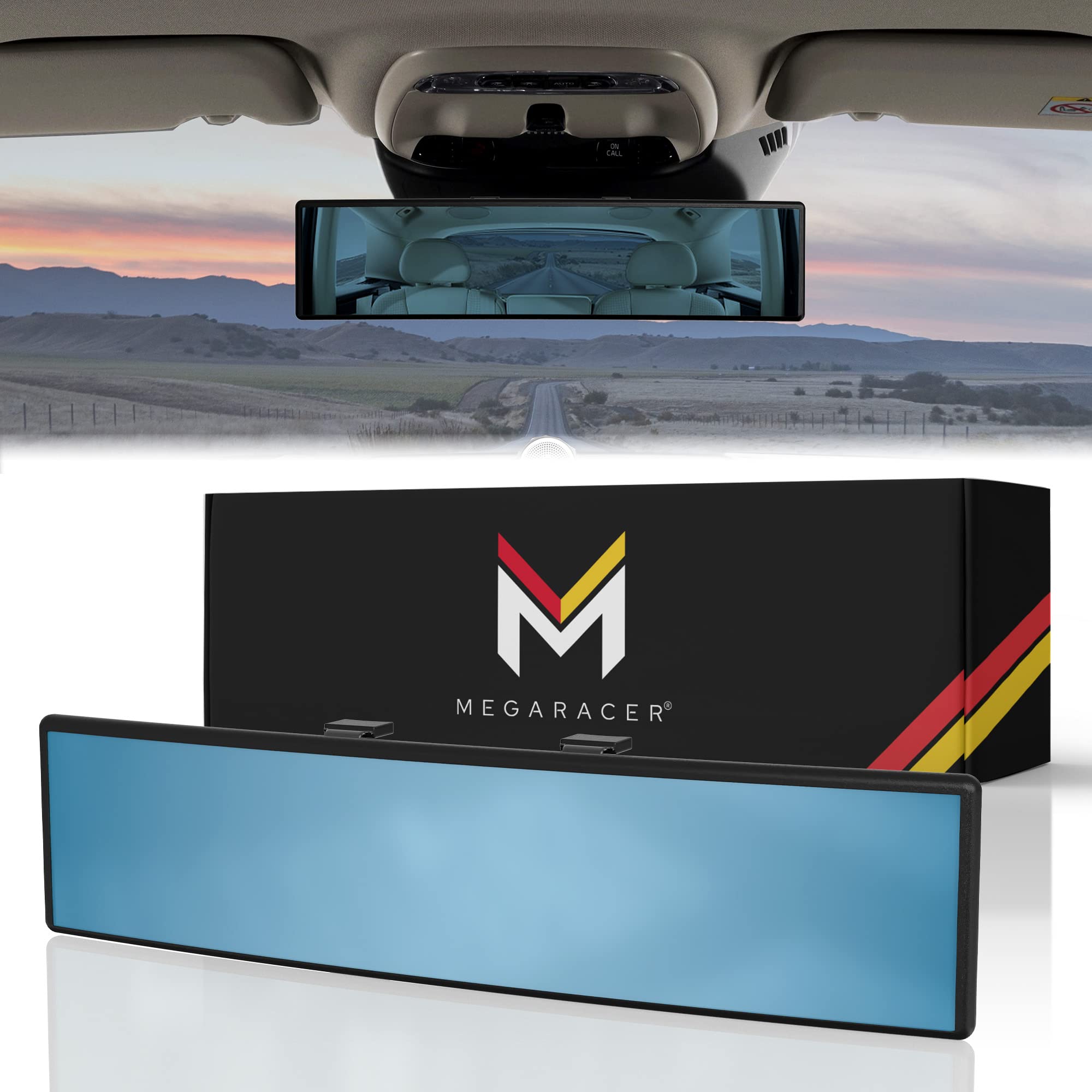 Mega Racer 11.81 Inch Car Rearview Mirror, Panoramic Wide Angle, HD Blue Tint Glass, Interior Clip On Convex Car Mirror, Anti Glare, Automotive Accessories, Universal for Truck, Car, SUV, Pack of 1