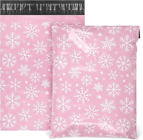 Miniatura 1 de AnyDesign - 100 sobres de polietileno de Navidad de 10 x 13 pulgadas, bolsas de envío de copos de nieve de invierno rosas con autosellado, sobres