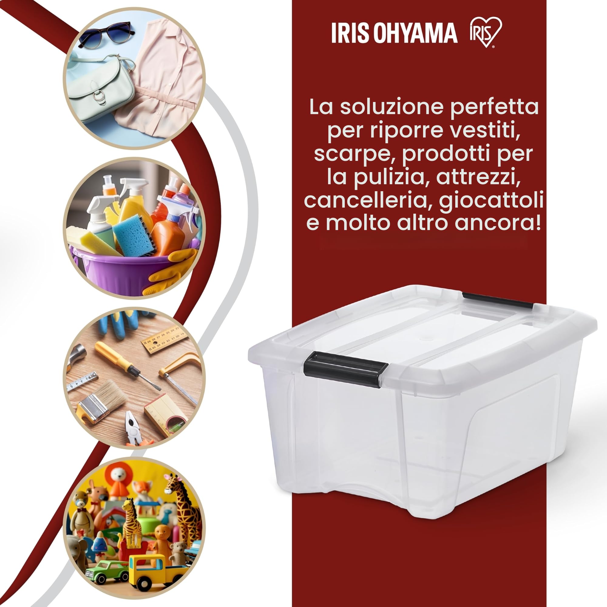 Iris Ohyama Scatole Portaoggetti in con Coperchio, 15L, Lotto di 4, Trasparente, Clip di Bloccaggio, Empilabile, Maniglia, Per Camera, Armadio, Ufficio, Organizzatore, Senza BPA, NTB-15