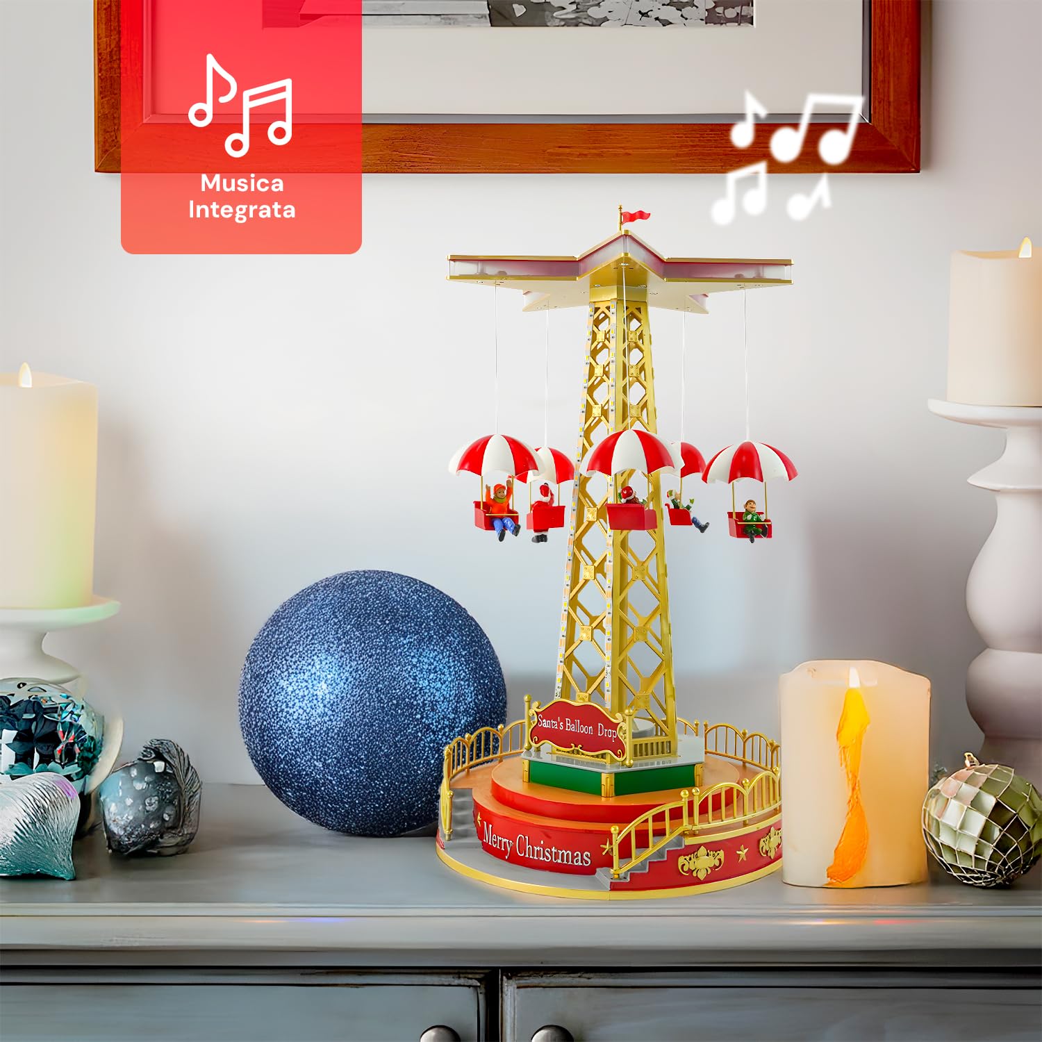 Wintem Giostra Natalizia in Movimento con Musica e Luci LED - Ideale per Decorare Casa o Villaggi di Natale Durante Il Periodo Natalizio - Realizzato in Materiali Resistenti - 44.5x24,5x24.5cm
