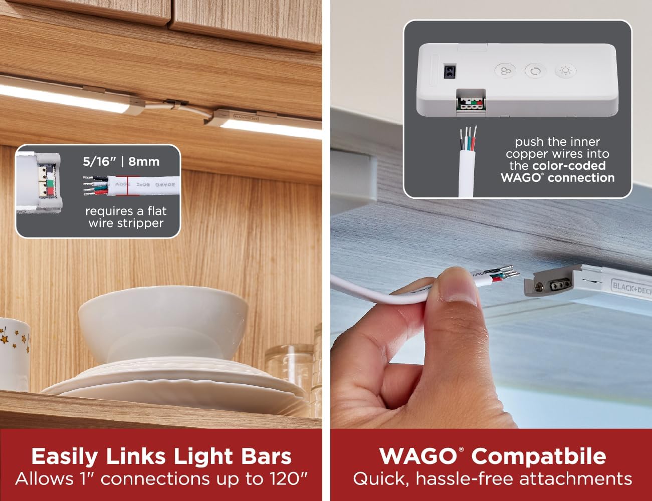 BLACK+DECKER PureOptics Professional Push Wire 100' Jumper Wire Spool for Under Cabinet Lighting, Flat 5/6" or 8mm Cable, 4-Core CL2 Compliant, Non-Metallic, White