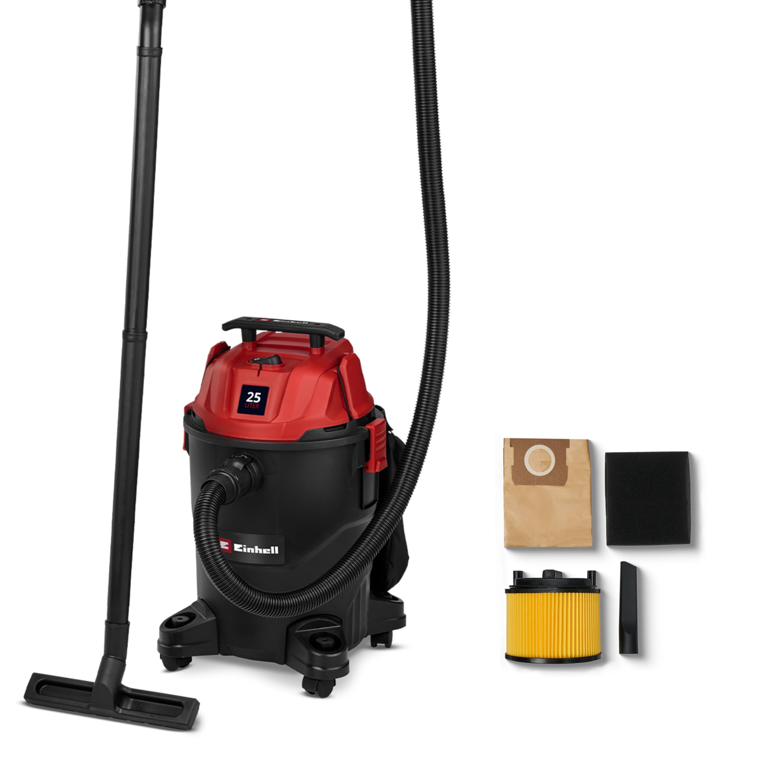 Einhell Aspiratore TC-VC 2555 (850 Watt, aspirazione 180 mbar, presa automatica, serbatoio di raccolta da 25 L, 4 rotelle, maniglia di trasporto, incl. bocchette, filtri e sacco raccolta sporcizia)