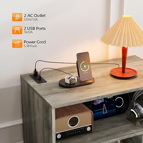 Miniatura 3 de VINGLI Soporte para tocadiscos con almacenamiento de vinilo abierto, mesa de almacenamiento de álbumes de mediados de siglo con luz LED de hasta 300
