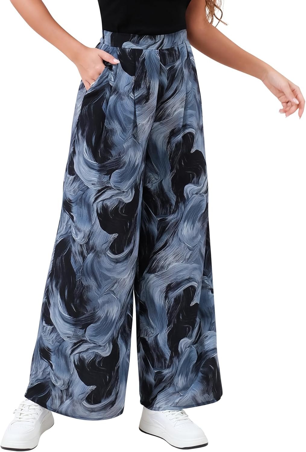 Palazzo Pants for Women, Wide Leg High Waist Flowy Dressy Casual Boho Trousers with Pockets, Blue and Black, X-Large