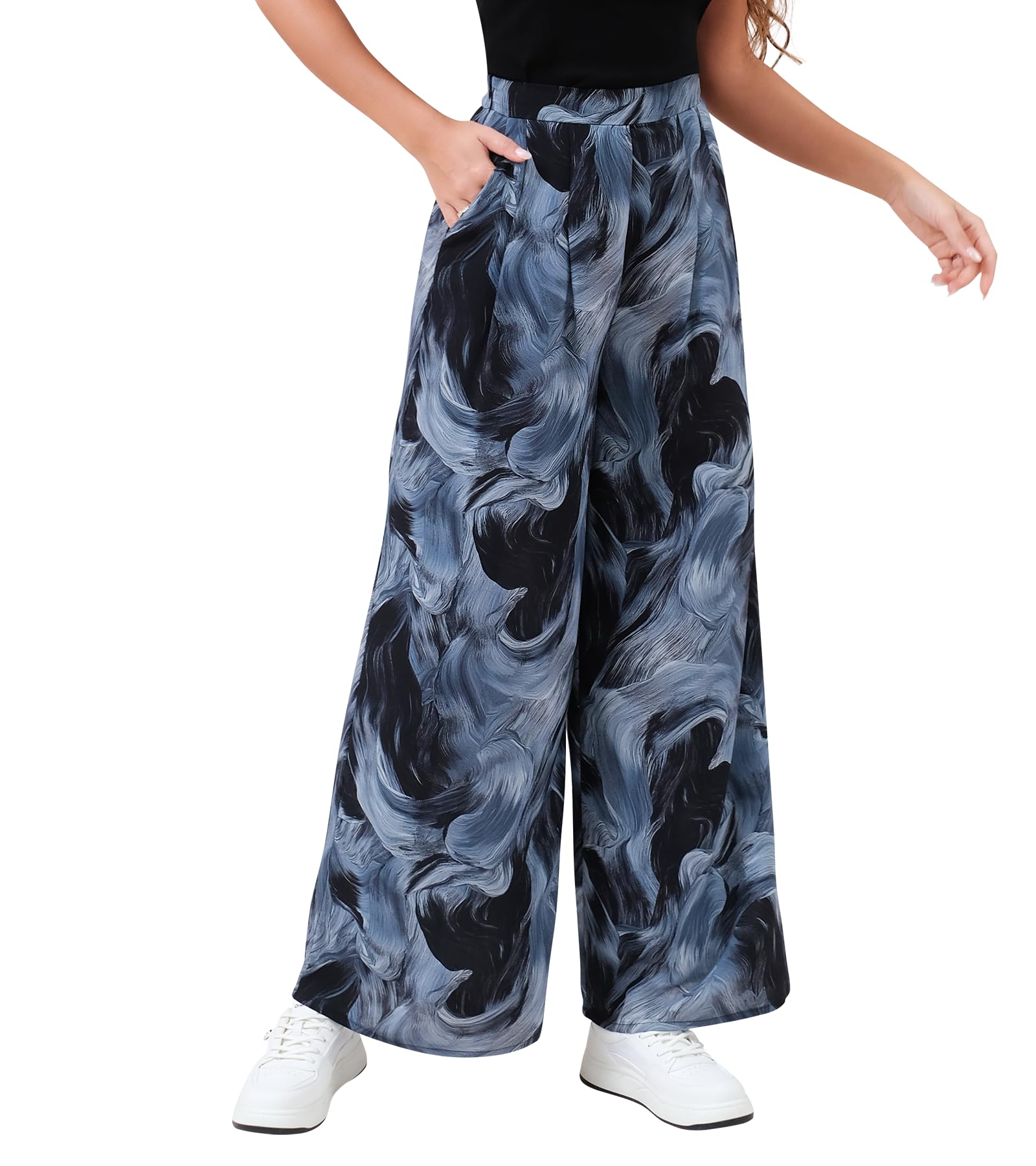 Palazzo Pants for Women Wide Leg High Waist Flowy Dressy Casual Boho Trousers with Pockets Blue and Black