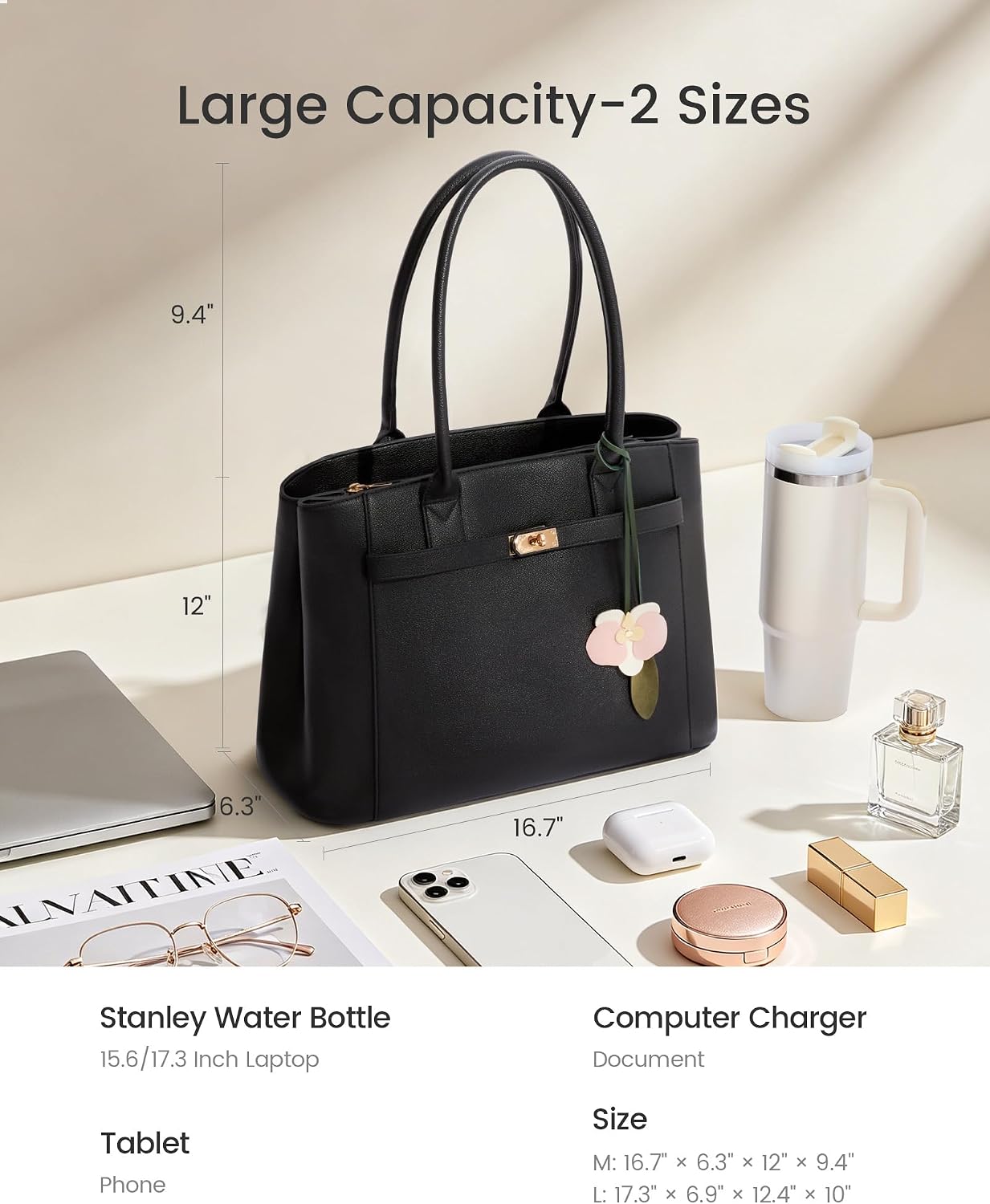  Laptop Bag for Women Work Tote with 40OZ Large Cup Holder | PU Leather Briefcase Handbag with Padded Computer Compartment for Teacher Nurse Business, Shape-Variable thumbnail