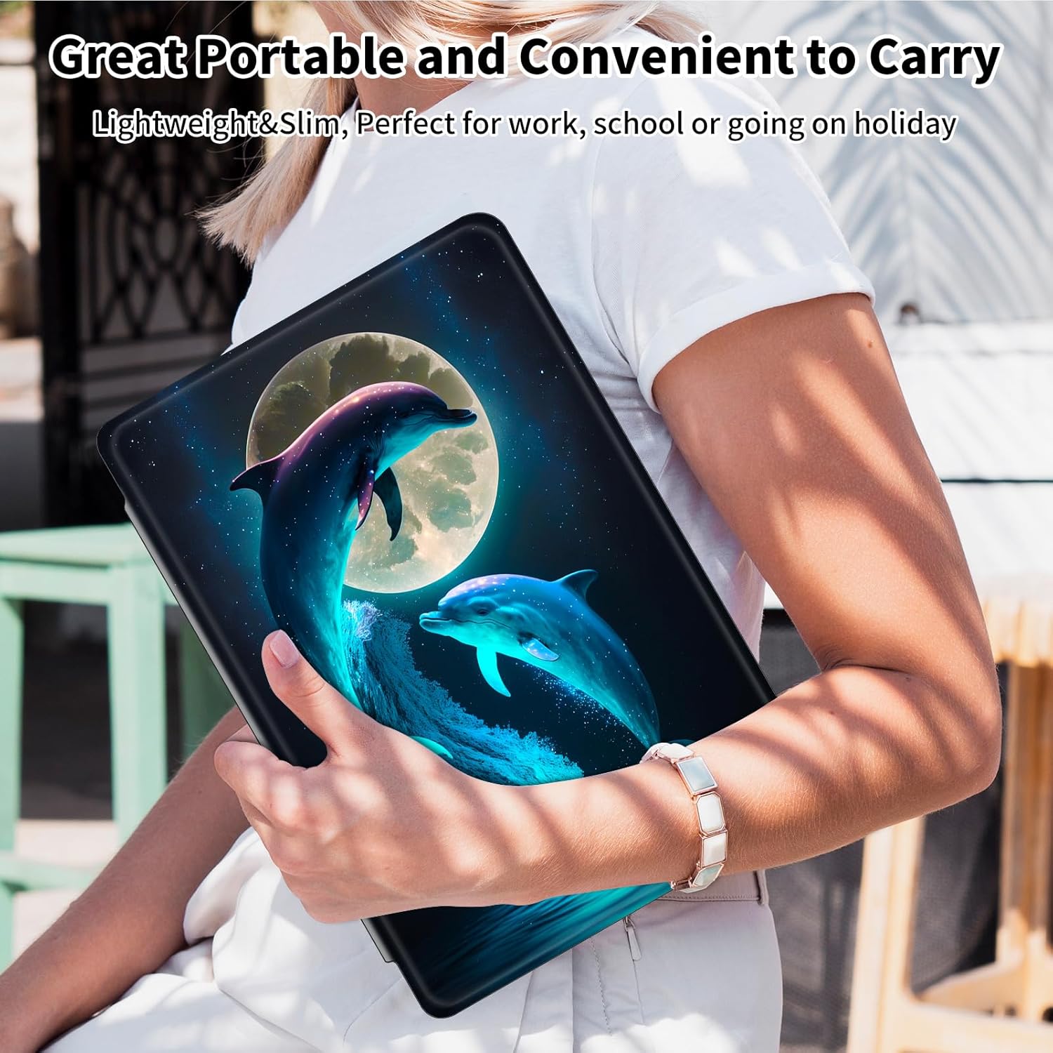 Case for iPad Pro 12.9 Inch 6th/5th/4th Gen (2022/2021/2020),360 Degree Rotating Protective Stand Cover with Auto Wake/Sleep,Cute Dolphins and Moon