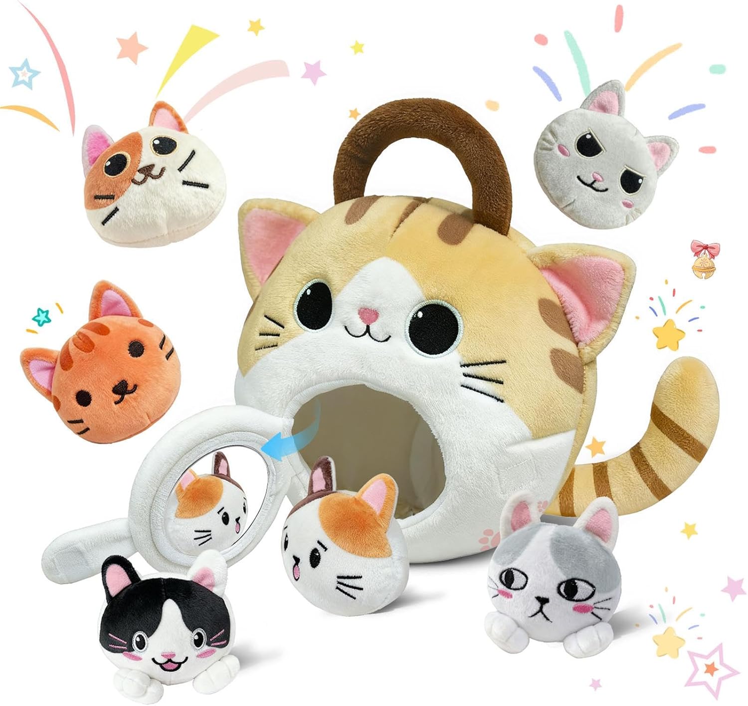 Cat Stuffed Animal House- Plush Kitten Toy Set with 6 Soft Cats Interactive & Portable Plush House Kitties Carrier Playset for Toddlers & Kids, Sensory Toys Boy Girl Birthday Gift