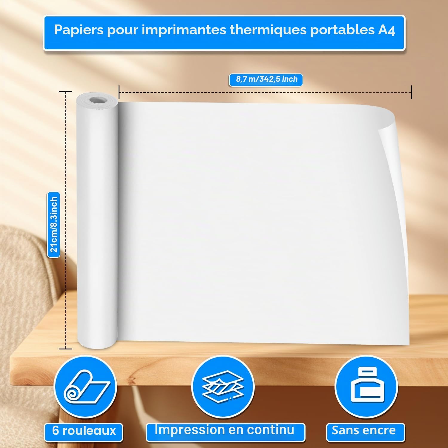 (6 Rouleaux) Papier Thermique A4 Pliable, Papier Imprimante Thermique, Papier Thermique A4, Sans BPA, Séchage Rapide, pour Imprimante Thermique pour Documents, Pages Web et Photos