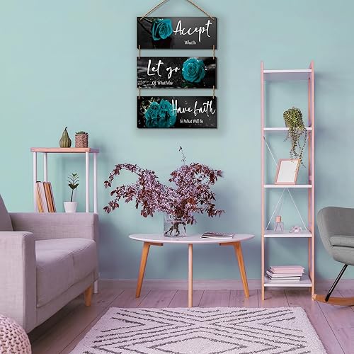 Miniatura 4 de 3 piezas de decoración de pared verde azulado inspiradora turquesa decoración de baño de madera verde azulado flor arte de pared verde azulado