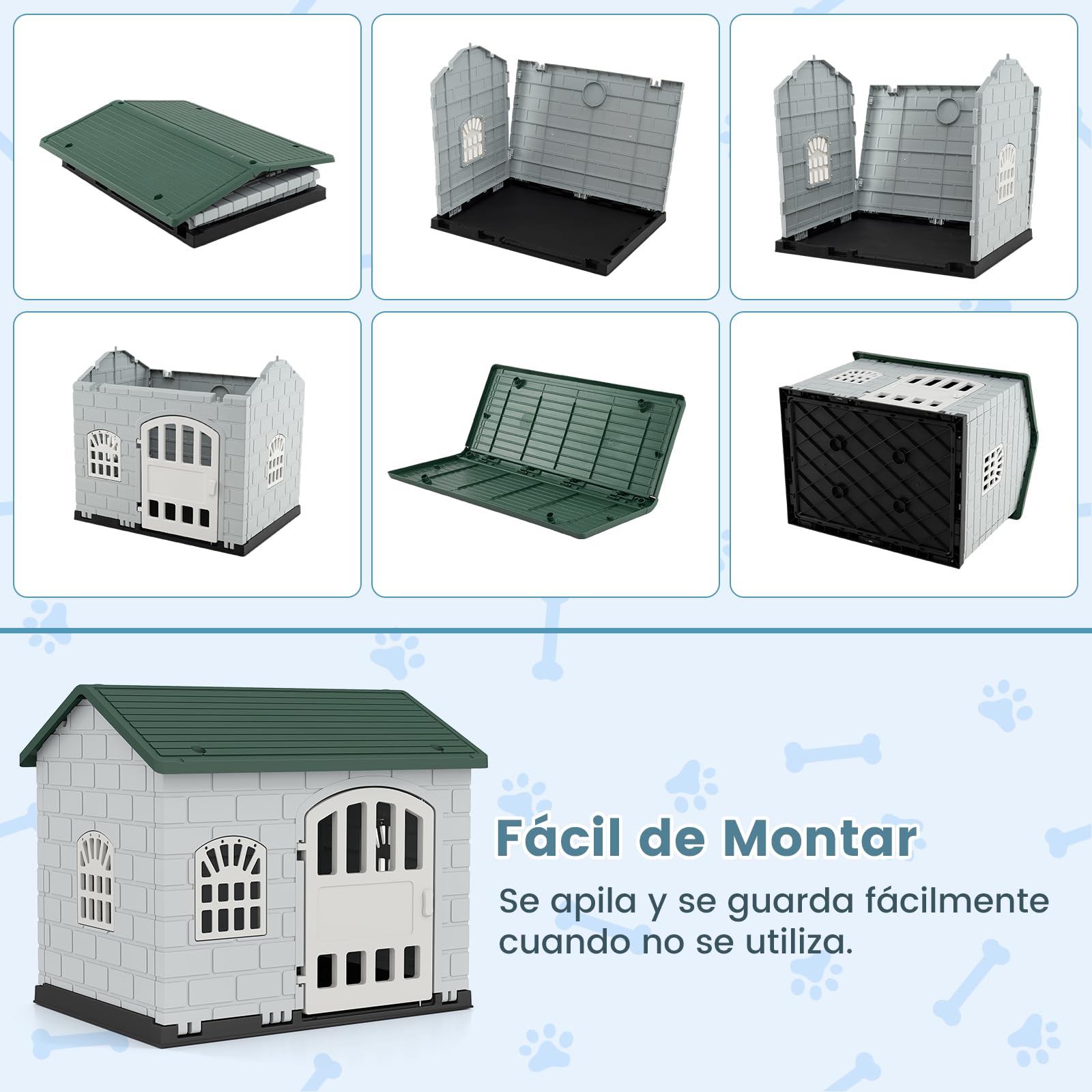 GOPLUS Caseta para Perros de Plástico Exterior Interior, Casa para Perro con Puerta con Cerradura, 3 Ventanas, Techo Inclinado, Jaula Decorativa para Cachorros Impermeable, 75 x 58 x 65 CM (Verde)