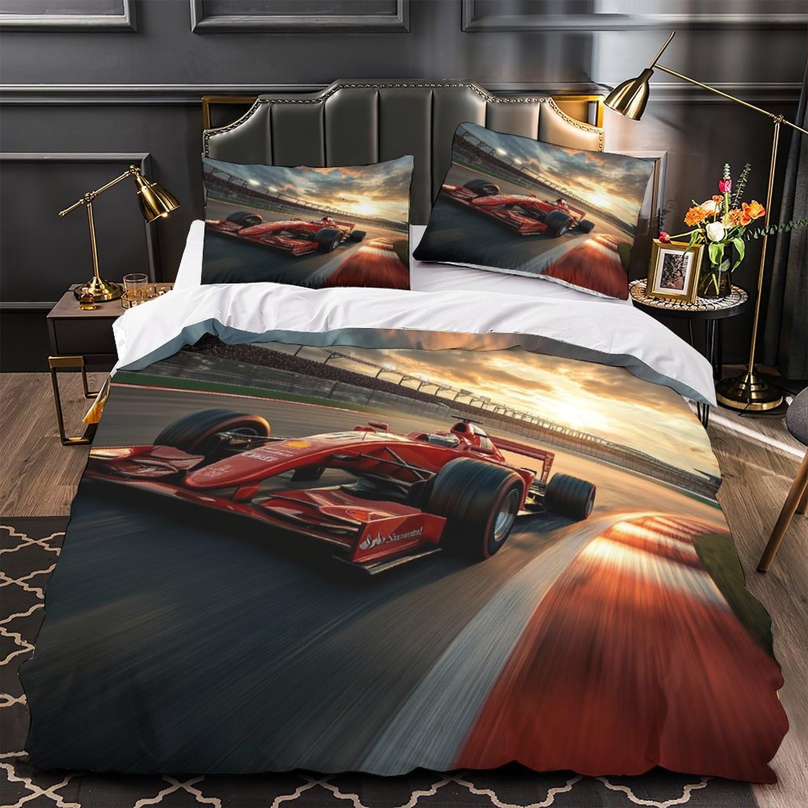 DAFUfbw Double（200x200cm） Formulaa Racing Quilt Cover Set with Hidden Zipper, Racing Car Duvet Cover Set with Pillowcases Soft Microfiber Luxury Racing Car Bedding Set