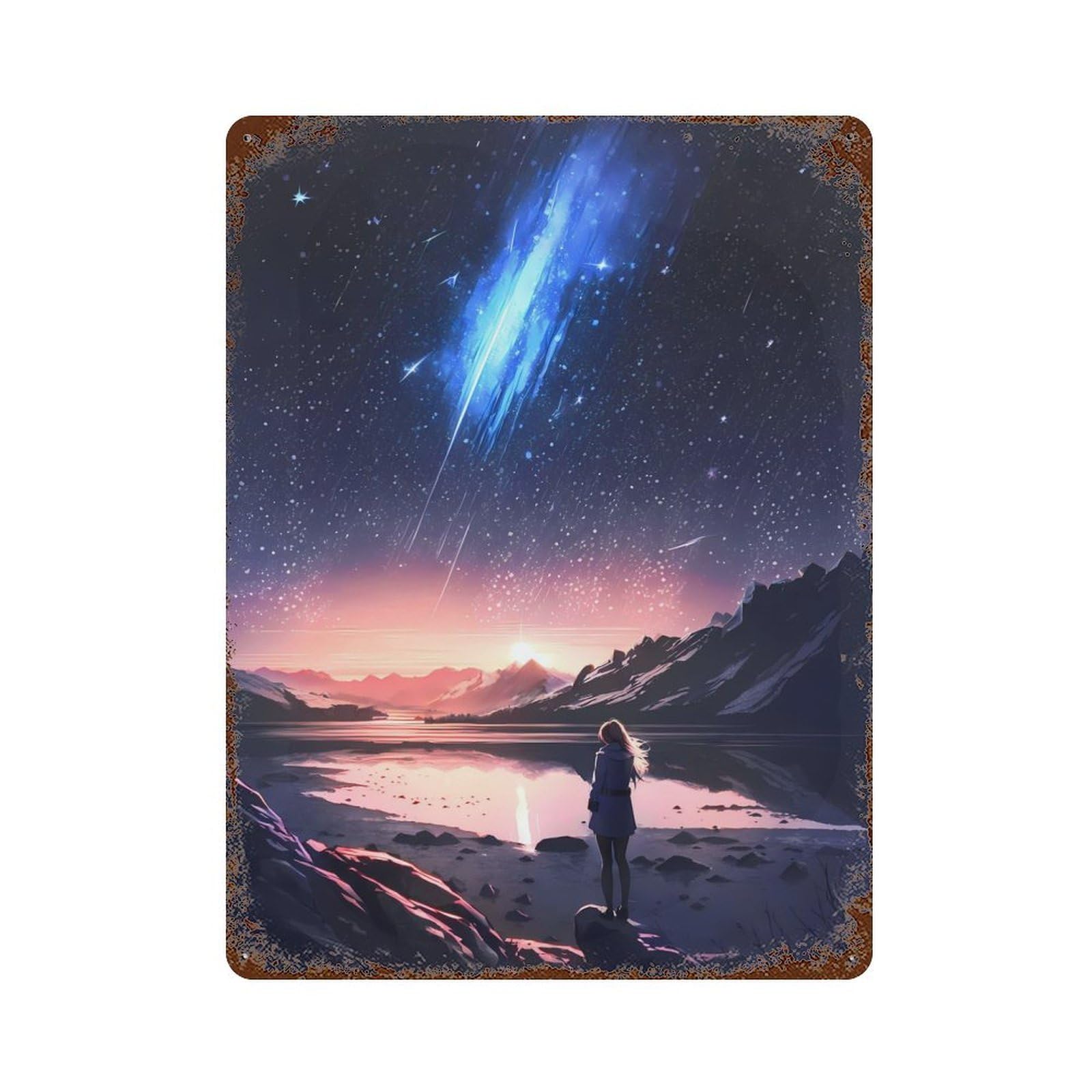 Rust Effect Anime Galactic Twilight Distressed Metal Wall Sign 15.7"x11.8", Decorative Metal Wall Art for Living Room, Hallway And Home Decor