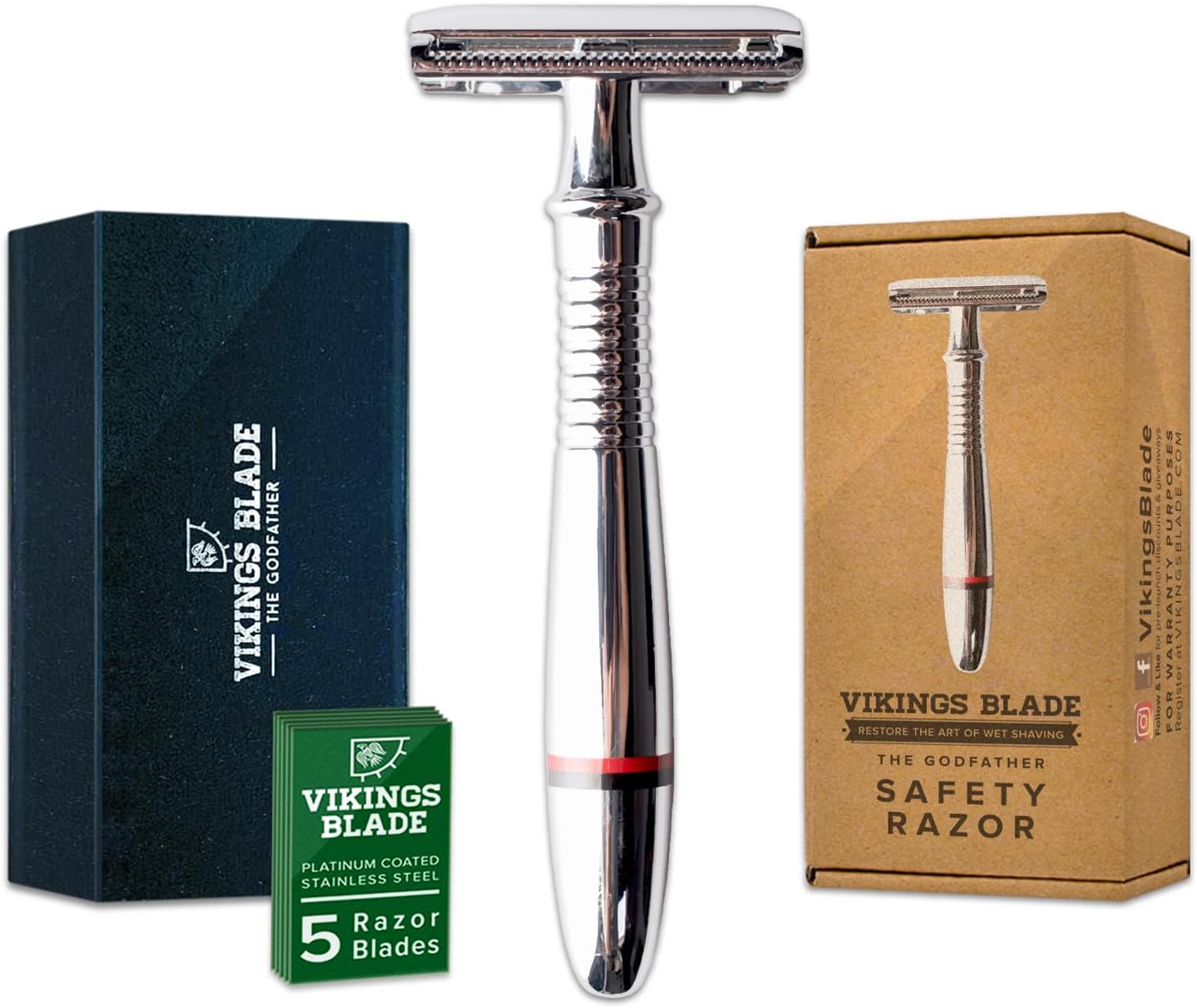 Double Edge Safety Razor for Men + 5 Swedish Steel Blades + Luxury Case. Classic 3-Piece. Reusable, Eco-Friendly (The Godfather)