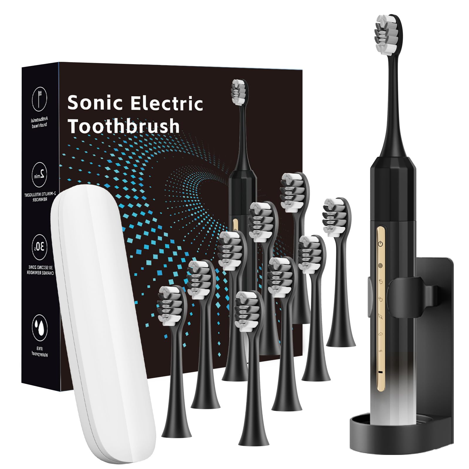 Sonic Electric Toothbrush with 10 Brush Heads for Adults and Children, Up to 30 Days on a Single Charge,5 Modes,Built-in 2-Minute Smart Timer, IPX8 Waterproof Electric Toothbrush（blackandwhite)