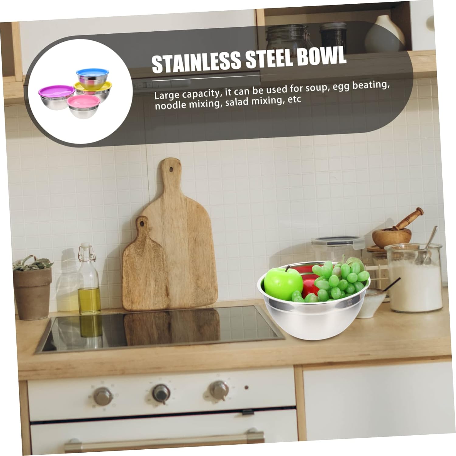 4Pcs Stainless Steel Mixing Bowl with Lid Kitchen Serving Bowls for Salad Fruit and Snacks Lightweight and Portable Home Essentials